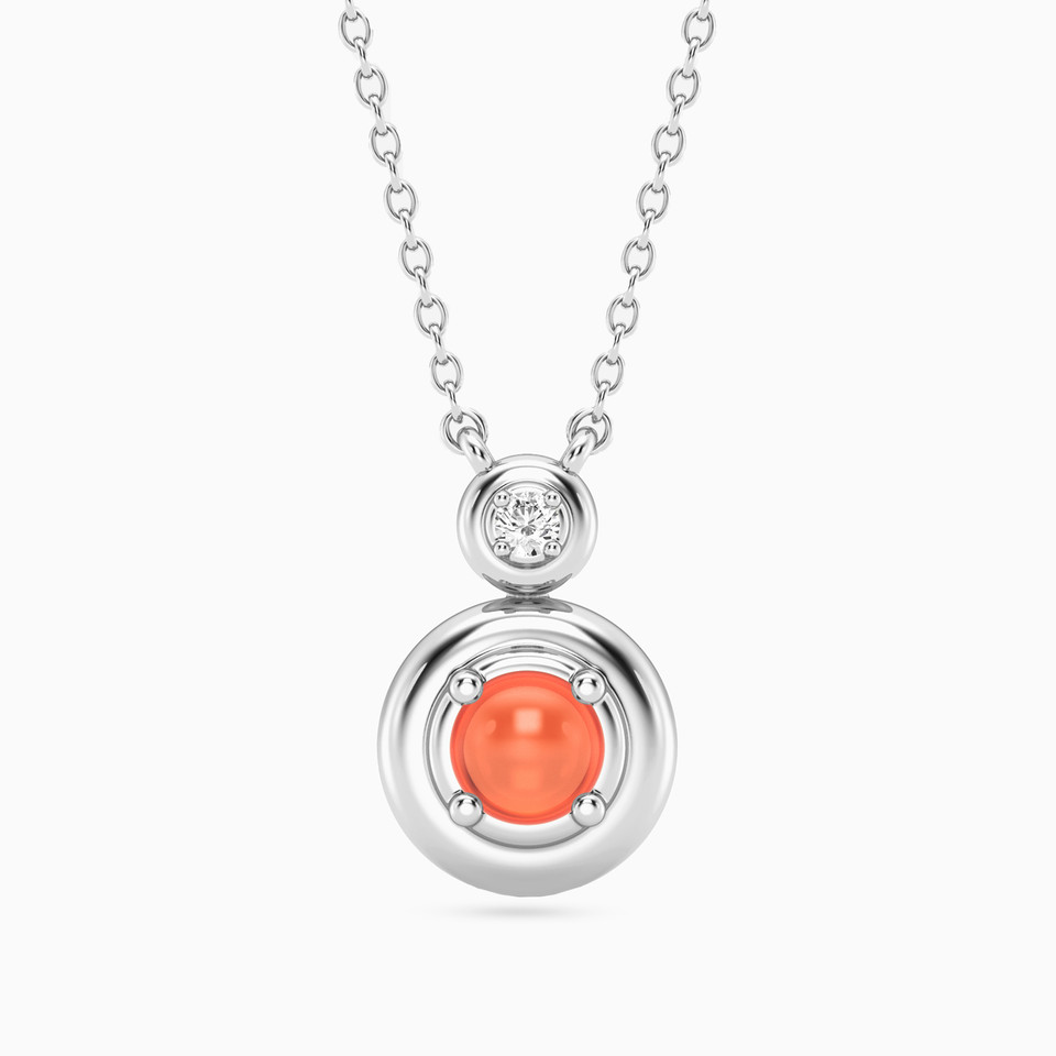 Round Orange Stone & Lab Grown Diamonds Sterling Silver Necklace Round Orange Stone & Lab Grown Diamonds Sterling Silver Necklace