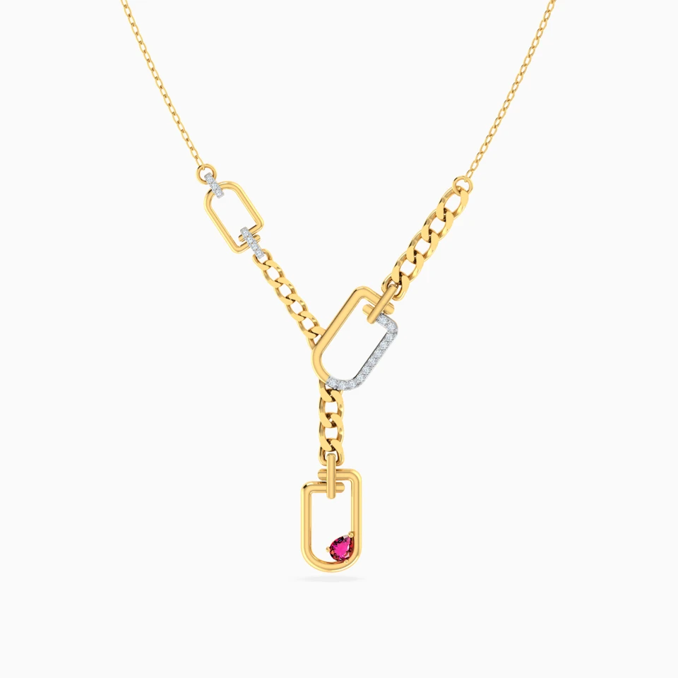 Paperclip Red Stones Y Shaped Diamond Necklace in 18K Gold Paperclip Red Stones Y Shaped Diamond Necklace in 18K Gold
