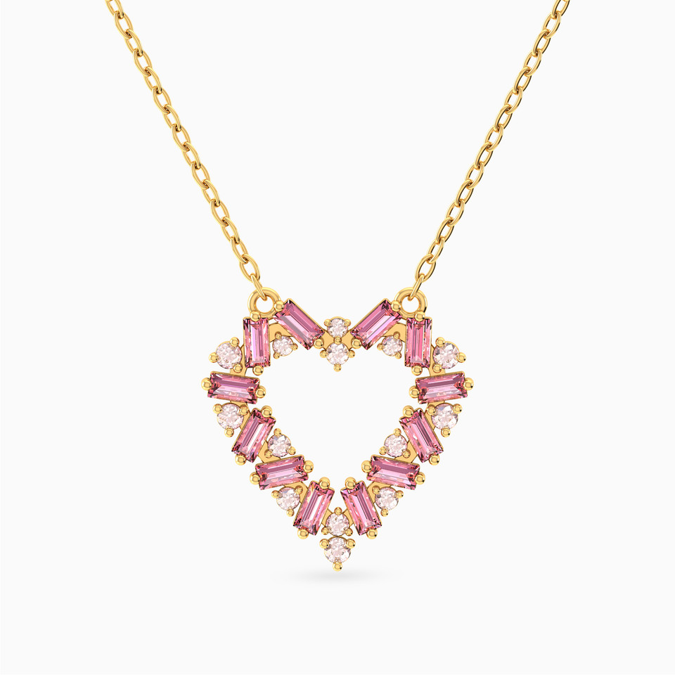 Traced Heart & Baguette Colored Stones Necklace in 18K Gold Traced Heart & Baguette Colored Stones Necklace in 18K Gold