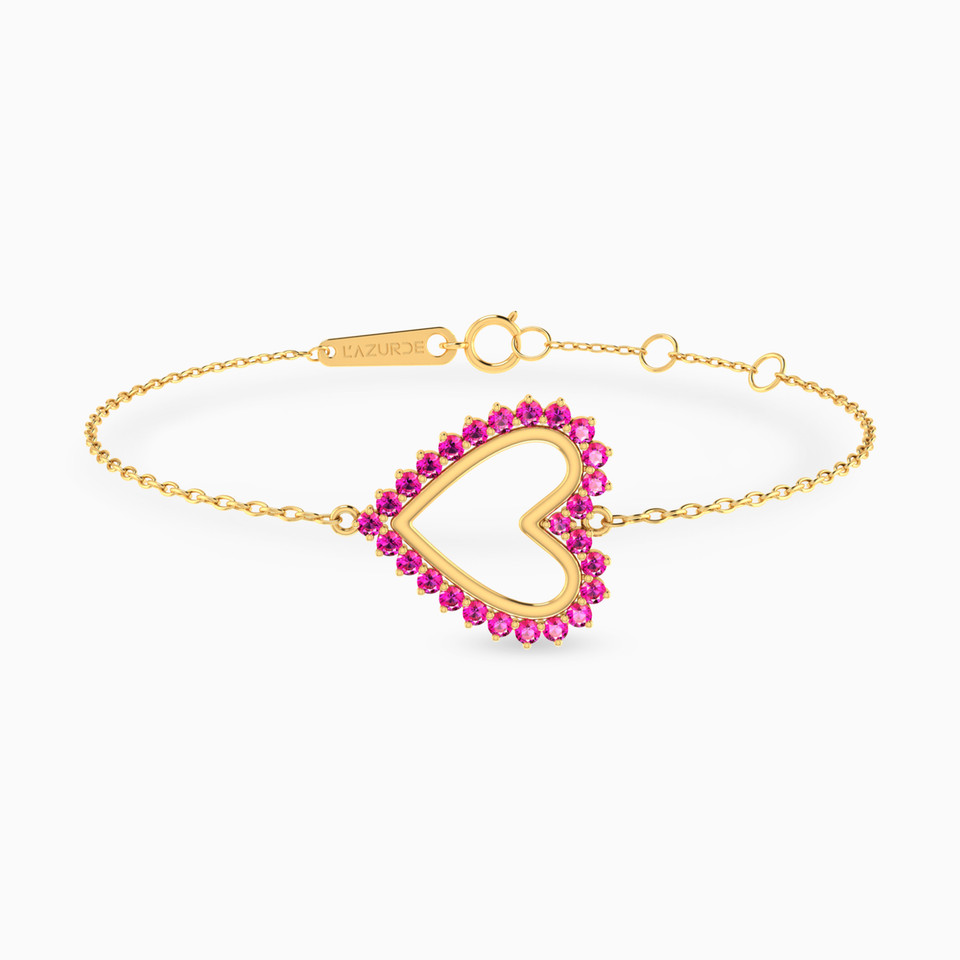 Traced Heart Pink Stones Chain Bracelet in 18K Gold Traced Heart Pink Stones Chain Bracelet in 18K Gold