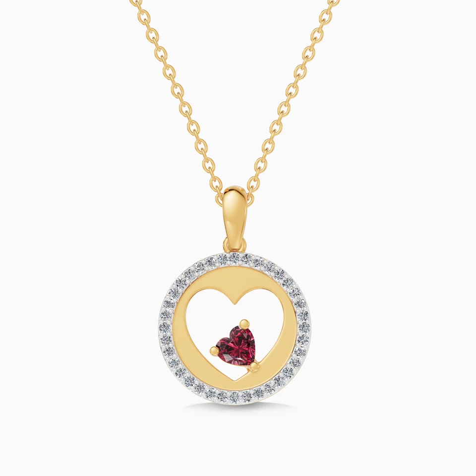 Heart & Circular Frame Red Stone Diamond Necklace in 18K Gold Heart & Circular Frame Red Stone Diamond Necklace in 18K Gold