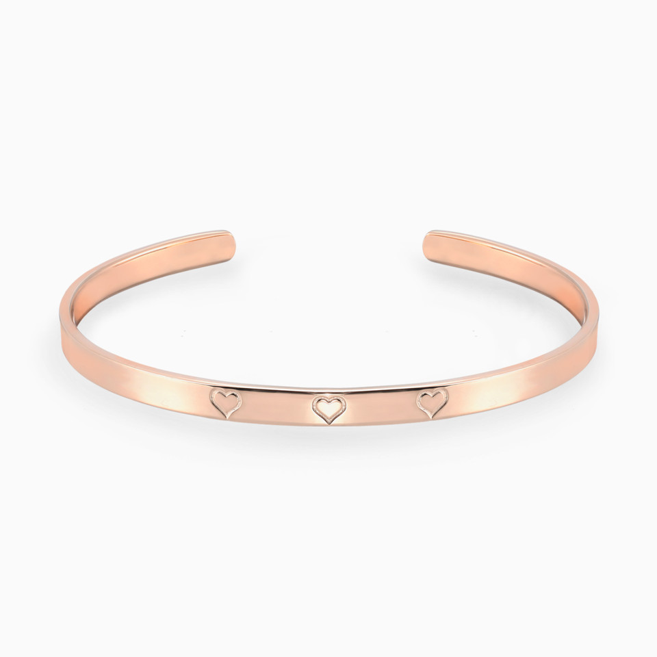 Three Engraved Hearts Cuff Bracelet in Rose Gold Plating Three Engraved Hearts Cuff Bracelet in Rose Gold Plating
