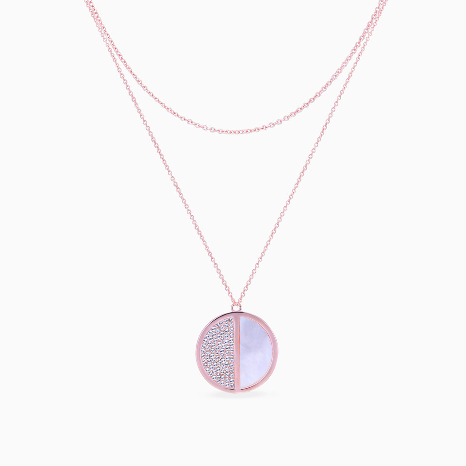 Circle Cubic Zirconia & Pearl Layered Necklace in Rose Gold Plating Circle Cubic Zirconia & Pearl Layered Necklace in Rose Gold Plating