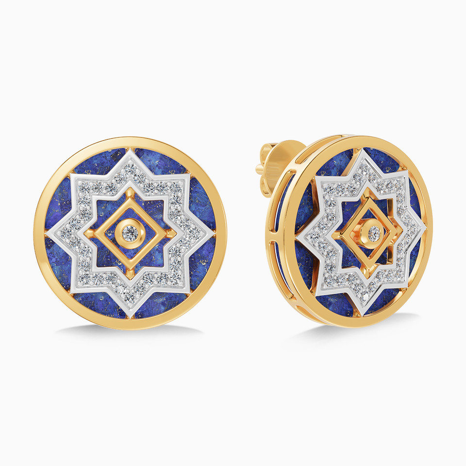 Ramadan Round & Star Blue Lapis Diamond Stud Earrings 18K Gold Ramadan Round & Star Blue Lapis Diamond Stud Earrings 18K Gold