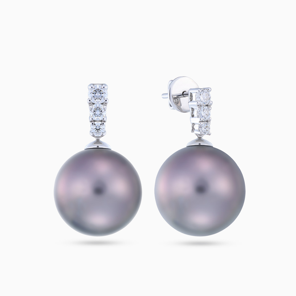 Vertical Lines Black Pearl Diamond Drop Earrings 18K Gold Vertical Lines Black Pearl Diamond Drop Earrings 18K Gold