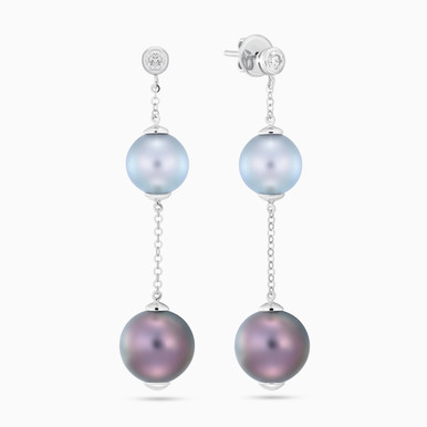Two Black Pearls Diamond Drop Earrings 18K Gold - LEA00074