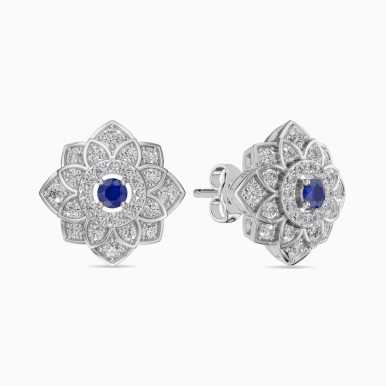 Layered Flower Blue Stone & Diamond Stud Earrings in 18K Gold - ER903501-W
