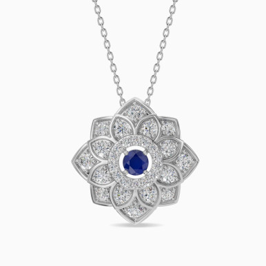 Layered Flower Blue Stone & Diamond Necklace in 18K Gold - PD903507-W