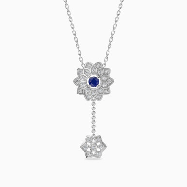 Flower & Star Blue Stone & Diamond Lariat Necklace in 18K Gold - PD903516-W