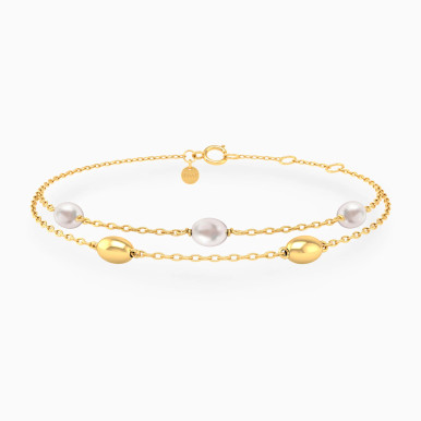 Oval Beads & Pearl Layered Chain Bracelet in 18K Gold - 21047030129