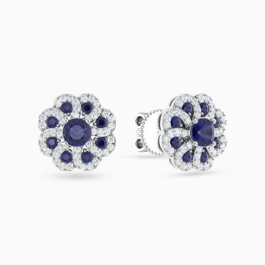 Round Flower Blue Stones Diamond Stud Earrings in 18K Gold - ER422092W18HSA1
