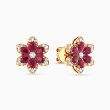 Flower Red Stones Diamond Stud Earrings in 18K Gold - ER418170P18HRU1