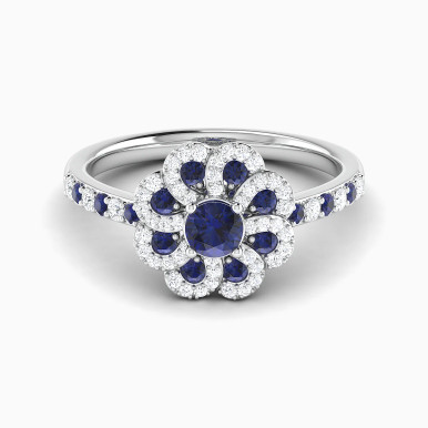 Round Flower Blue Stones Diamond Ring in 18K Gold - RN423125W18HSA1
