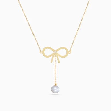 Open Bow Pearl & Diamond Necklace in 18K Gold - LNE00272