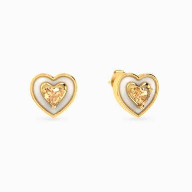 Kids Double Heart Yellow Stone Pearl Stud Earrings in 18K Gold - 21051030104