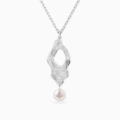 Elongated Open Freeform Pearl Pendant Necklace in Sterling Silver - 167051100261451