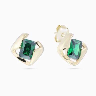 Asymmetrical Frame with Green Stone Stud Earrings in Yellow Gold Plating - GE03120A