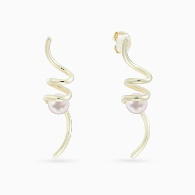 Spiral Fluid Line Pearl Drop Earrings in Yellow Gold Plated - GE03076A