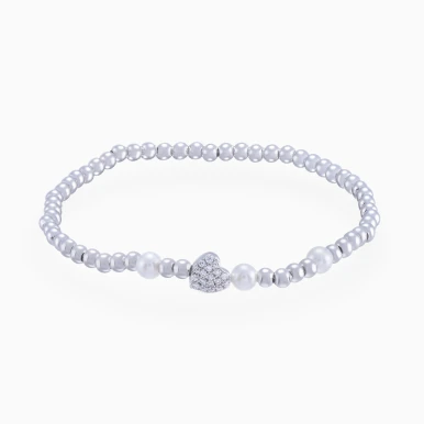 Heart & Round Pearls Beaded Bracelet in Sterling Silver - GB01068A