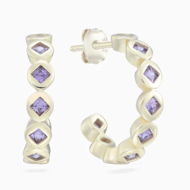 Round Purple Stones Hoop Earrings in Yellow Gold Plating - GE14985A Round Purple Stones Hoop Earrings in Yellow Gold Plating - GE14985A