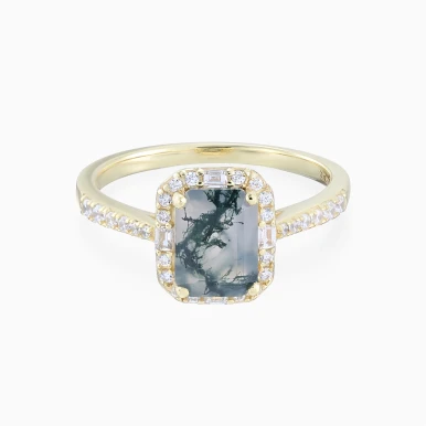Rectangular Cloudy Grey Stone Ring in Yellow Gold Plating - GR02855A