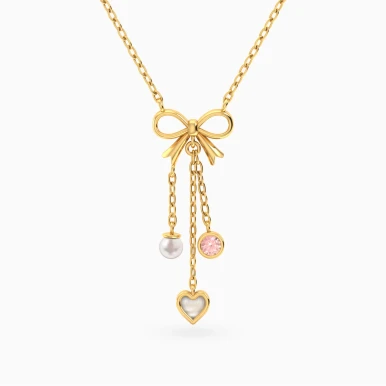 Kids Bow & Heart Pearl & Rose Stone Necklace in 18K Gold - 21046111344