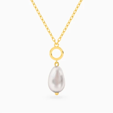 Open Circle Pearl Drop Necklace in 18K Gold - 111406100026