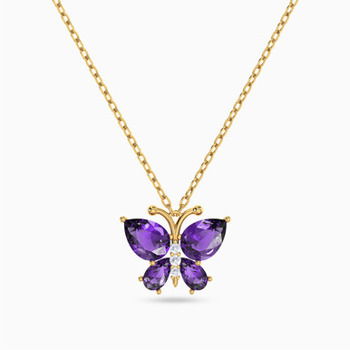 Butterfly Purple Stones Necklace in 18K Gold - 111404160277