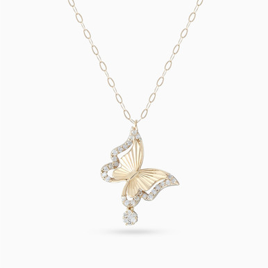 Textured Butterfly Diamond Pendant Necklace in 18K Gold - 111402100051