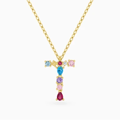 Letter T Colored Stones Pendant Necklace in 18K Gold - 111404180274