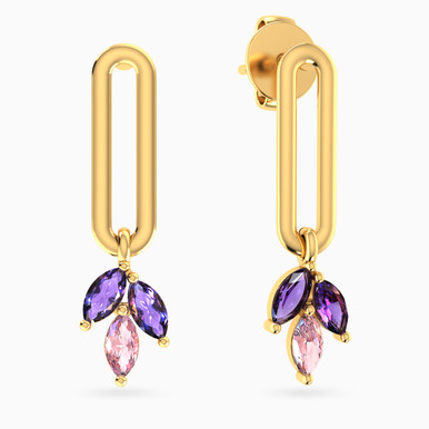 Elongated Open Links Floral Lavender Stones & Pearls Drop Earrings in 18K Gold - 111206180062