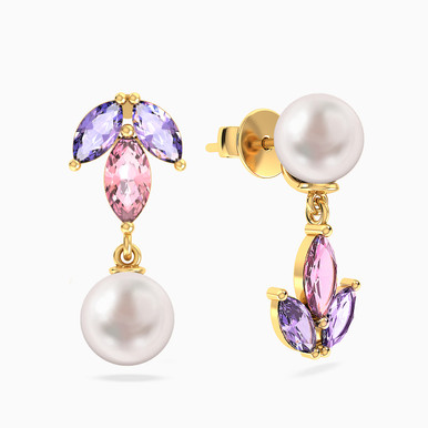 Floral Lavender Stones & Pearls Drop Earrings in 18K Gold - 111206180064