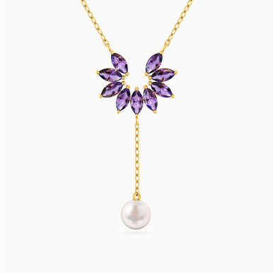 Floral Arc Marquise Lavender Stones & Pearl Y Shaped Necklace in 18K Gold - 111406180390