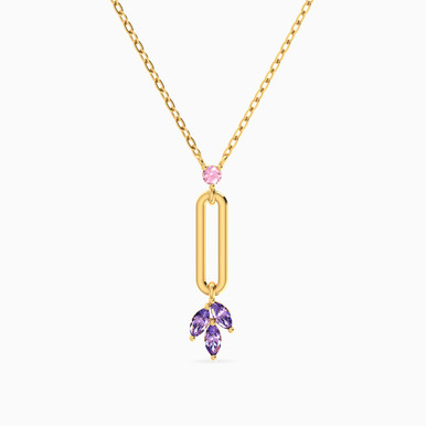 Elongated Open Links Floral Lavender Stones Necklace in 18K Gold - 111406180388