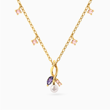 Dangling Marquise Lavender Stones & Pearl Necklace in 18K Gold - 111404180458
