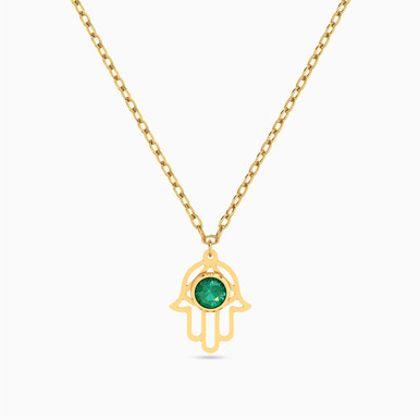 Hamsa Green Stones Necklace in 18K Gold - 111404120300