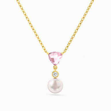 Triangle Pearl & Rose Stone Necklace in 18K Gold - 111406160031