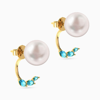 Round Pearls & Colored Stones Stud Earrings in 18K Gold - 111206180056