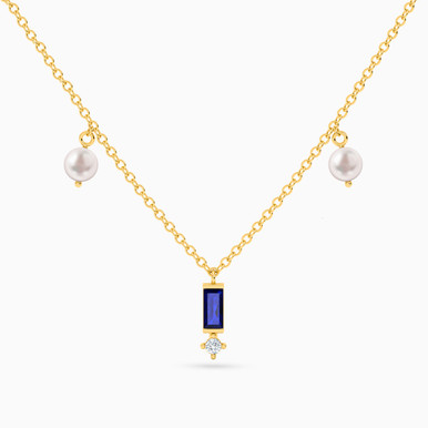 Baguette Pearl & Blue Stone Chain Necklace in 18K Gold - 111406140009