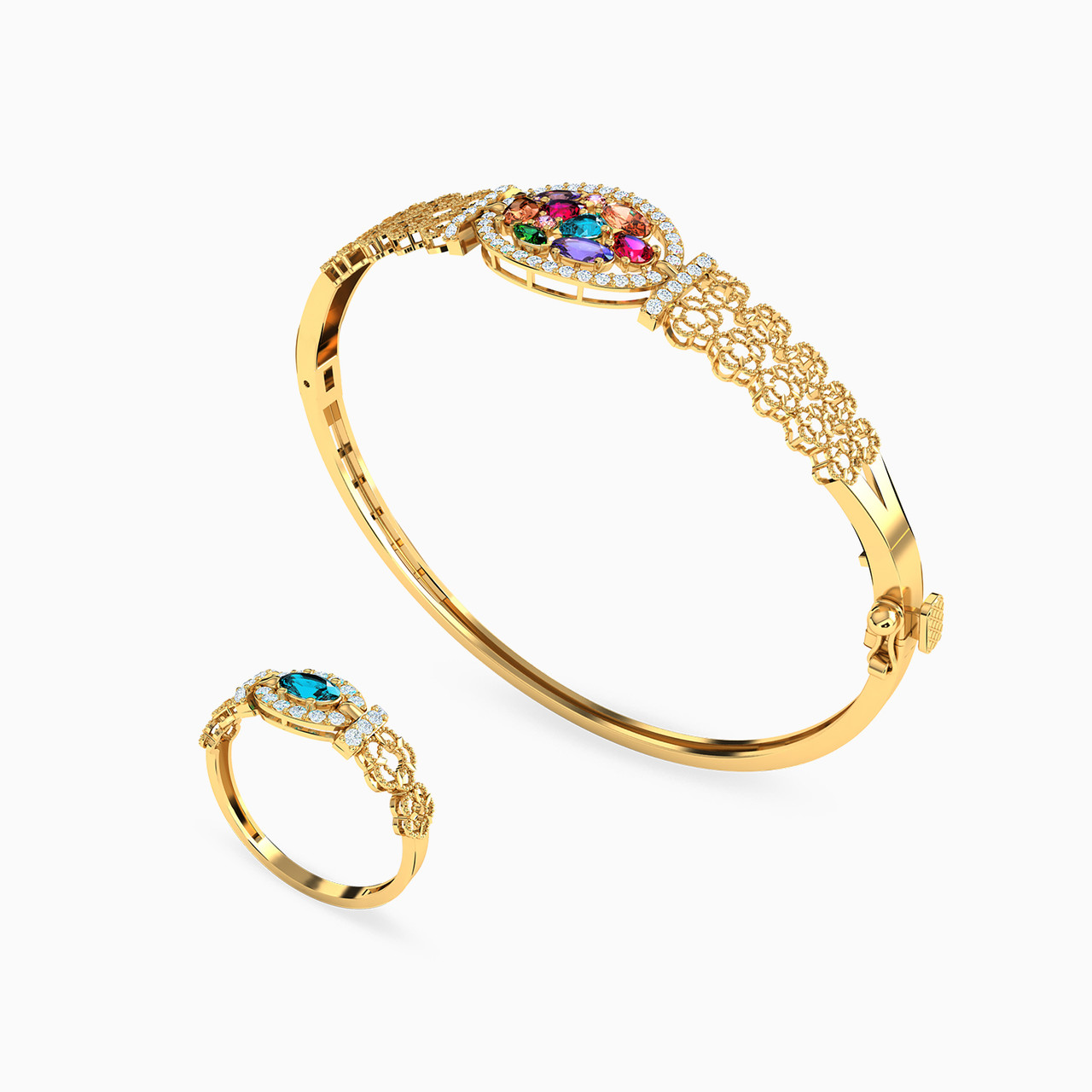 21K Gold Colored Stones Bangle & Ring Jewelry Set -2 Pieces