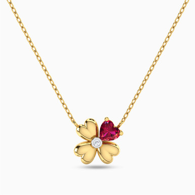 Four Petal Flower Diamonds & Red Stone Necklace in 18K Gold - 21046110932