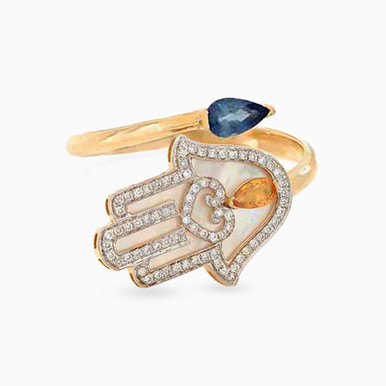 Hamsa Diamond & Blue Stone Two headed Ring in 18K Gold - LZ0018R