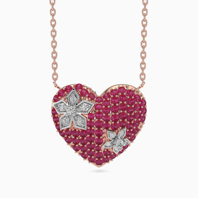 Heart & Flowers Diamond & Pink Stones Necklace in 18K Gold - KP201286RB-SI3