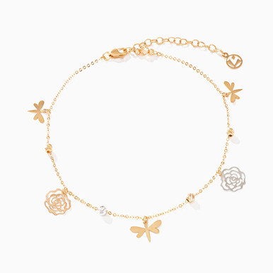 Rose & Dragonfly Chain Anklet in 21K Gold - 22036140057