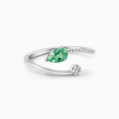 Pear Diamond & Green Stones Open Ring in 18K Gold - ERG00037EM