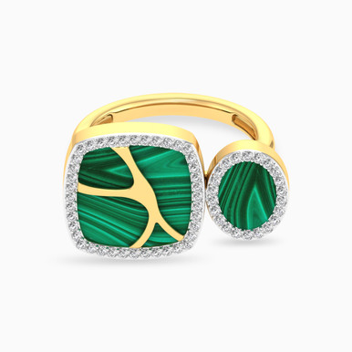 Square Diamond & Green Stones Two-headed Ring in 18K Gold - TRG9002050