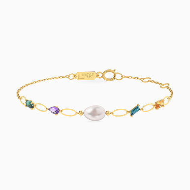 Oval Pearls & Colored Stones Chain Bracelet in 18K Gold - 111306180051 Oval Pearls & Colored Stones Chain Bracelet in 18K Gold - 111306180051