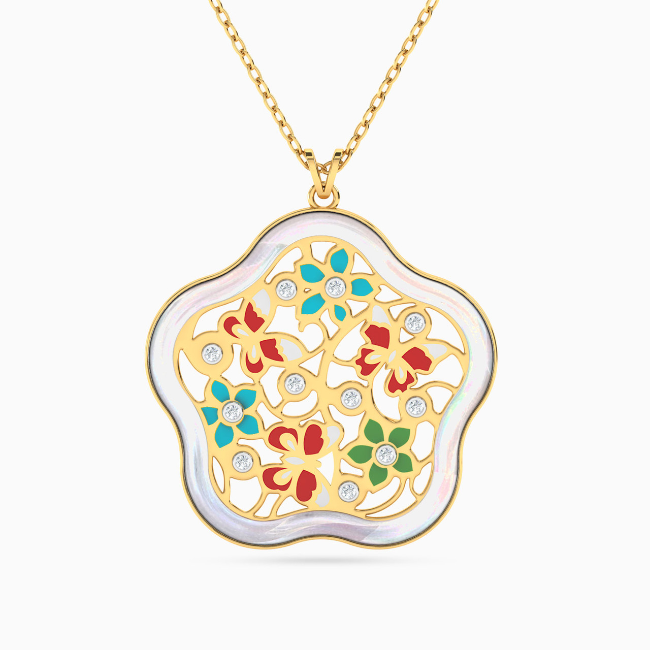 18K Gold Diamond & Enamel Coated Pendant Necklace