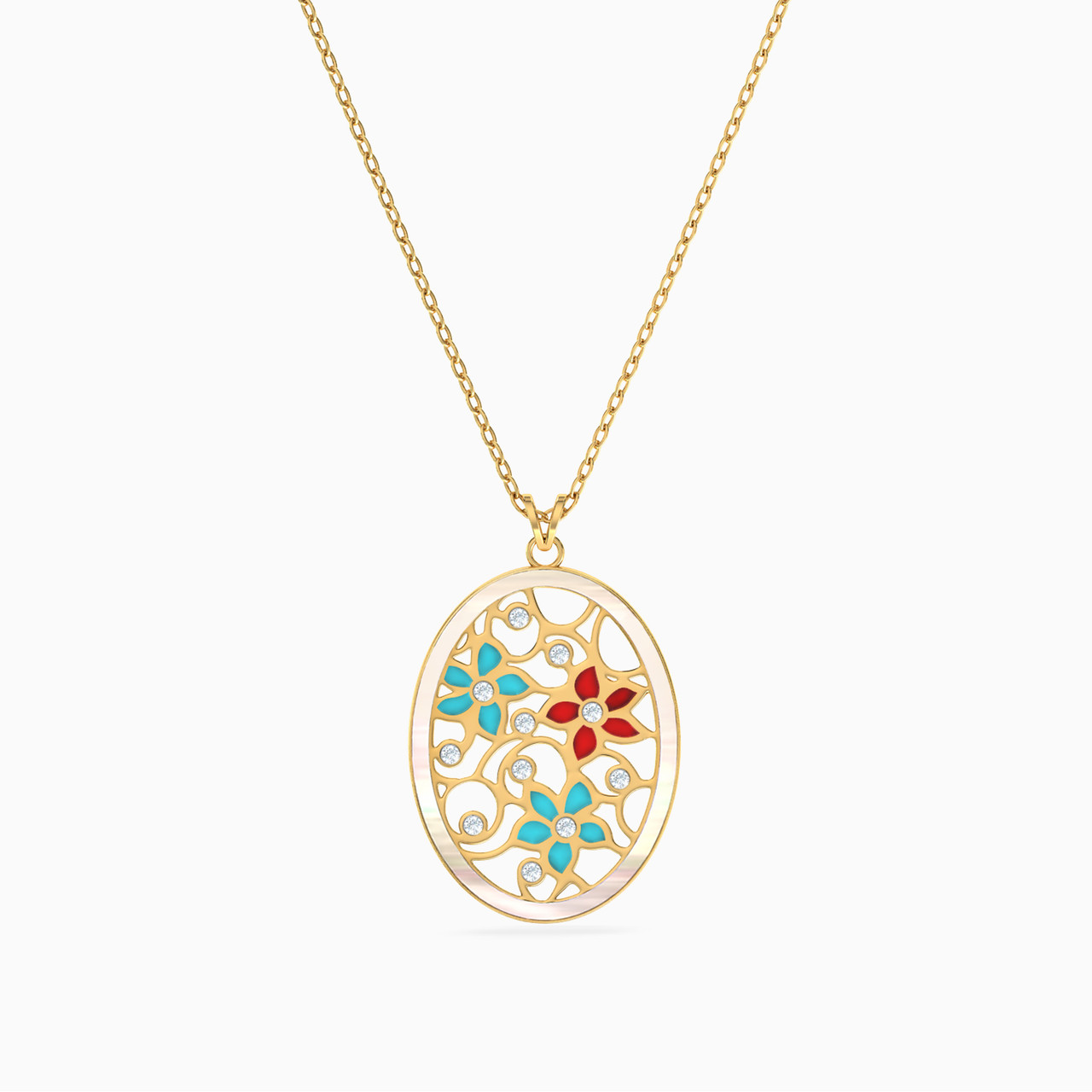 18K Gold Diamond & Enamel Coated Pendant Necklace