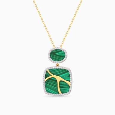 Square Diamond & Green Stones Necklace in 18K Gold - TPD9002050